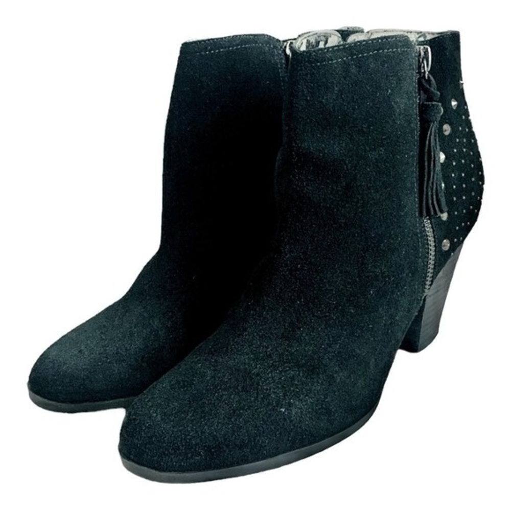 GUESS Black Suede Leather Ankle Boots Women’s 9.5 Spike Fringe Tassel - Picture 2 of 6